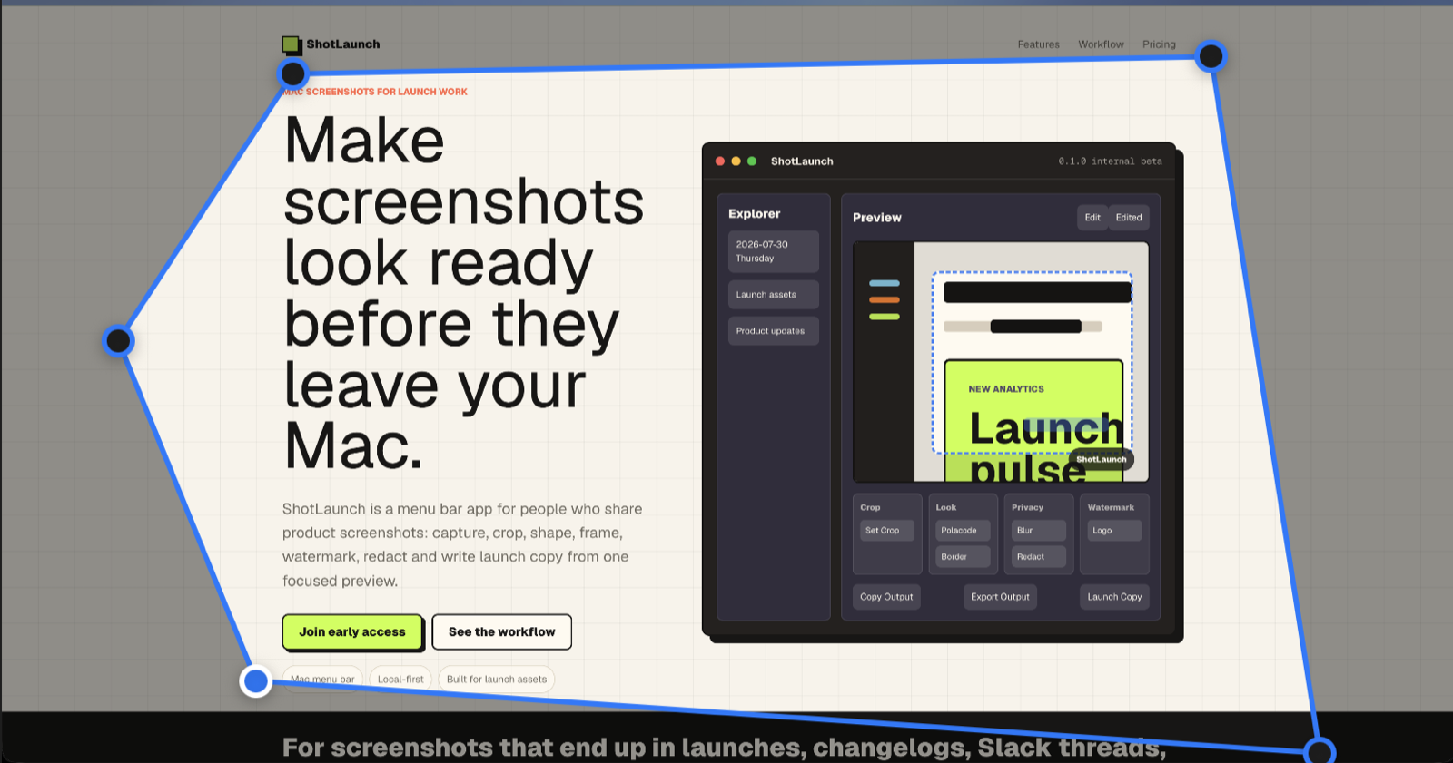 ShotLaunch shape selection overlay with draggable points
